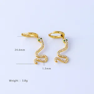 Detail view of gold snake earrings with white zircons and dimensions of 24.6mm height