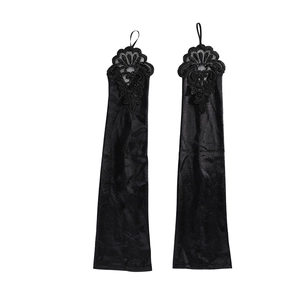 Elegant black long fingerless bridal gloves with lace embroidery and satin finish
