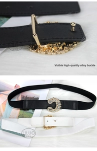 Detail of C-shaped rhinestone buckle and square gold buckle on elastic waist belts