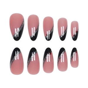 Pink and black glitter press-on nails set with almond shape and glossy finish