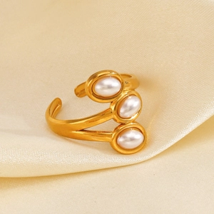 Elegant gold-tone stainless steel open ring featuring three oval white pearls on satin