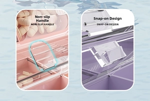 Detail of portable pill box showing non-slip handle and secure locking buckle mechanism