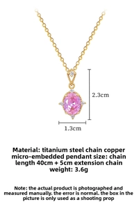 Detailed size view of pink oval crystal necklace with dimensions and chain length
