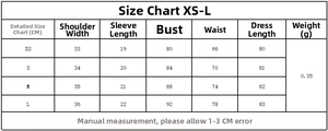 Size chart for plaid mini dress with Peter Pan collar showing XS to L measurements in CM