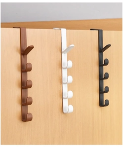 Detailed view of 5-hook over-door organizers in brown, white, and black finishes