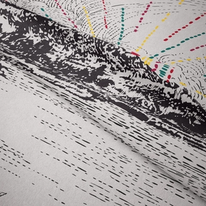 Close-up of the tapestry fabric texture with black white waves and colorful radial lines