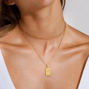 Minimalist Stainless Steel Double Layer Necklace For Women Gold Plated Star Square Pendant Rhinestone Link Chain Jewelry