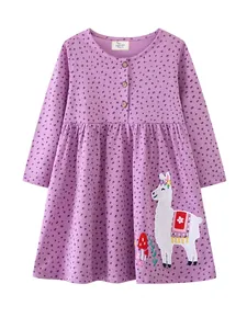 Girls long sleeve lavender dress with purple dots and embroidered alpaca pattern