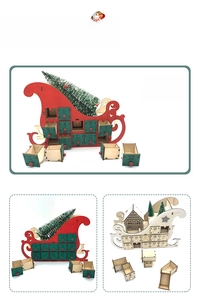 Close-up of a wooden advent calendar sleigh with 24 small drawers for Christmas countdown