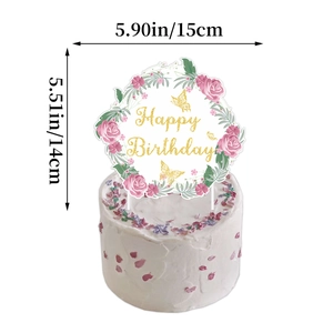Floral Happy Birthday cake topper with pink roses and gold text, 15cm x 14cm size guide