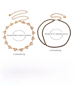 Detailed chart showing gold heart pearl and black gold woven waist chain specs