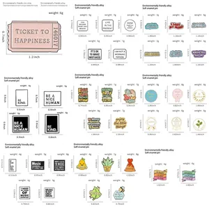 Size chart for enamel pins collection featuring alloy brooch dimensions and weight details