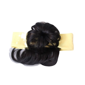 Cute children's curly hair bun wig accessory attached to a yellow fabric headband