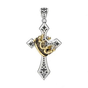 Vintage cross necklace for men featuring a silver engraved cross with a golden crown charm