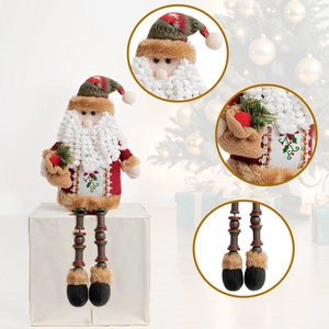 Detail of Christmas plush gnome with long wooden bead legs and knitted hat decor
