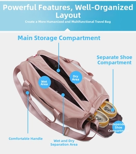 Detailed view showing the dry wet separation and independent shoe compartment of the gym bag