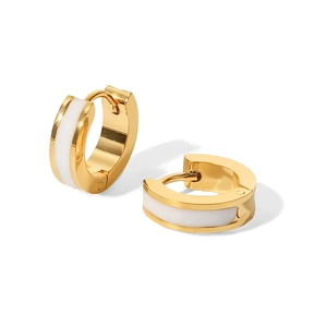 Detail of 18K gold stainless steel hoop earrings with white enamel inlay and hinge closure