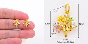 Détail macro du pendentif arbre fleuri émaillé montrant la taille 16x12mm et le poids