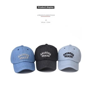 Three denim baseball caps with Arizona State embroidery in blue and black colors