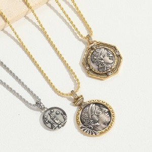 Retro tribal totem coin necklaces in gold and silver finish with engraved portraits