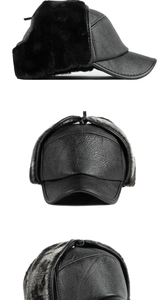 Vue en trois angles du chapeau d'hiver en cuir noir pour homme avec fourrure chaude