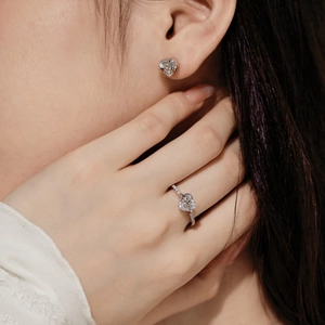 Close-up of elegant S925 sterling silver heart-shaped ring and matching stud earrings set
