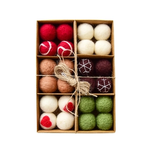 24-piece handmade wool felt Christmas ball set in divided kraft paper gift box