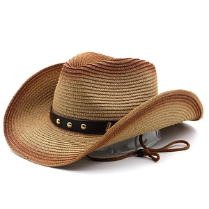 Gradient brown straw cowboy hat with metallic rivets and adjustable chin strap