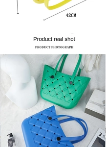 Macro view of large EVA beach bag with holes showing detailed 42cm size measurement