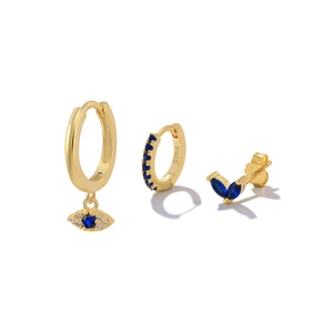 Three-piece gold S925 silver earring set with blue evil eye zircon and geometric studs