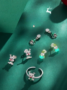 Christmas reindeer jewelry set featuring S925 silver rings and enamel earrings
