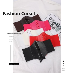 Detail view of five assorted color corset belts featuring lace-up fronts and elastic bands