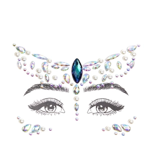 Detailed butterfly layout of blue and AB crystal face jewels with white pearls