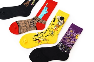Detail of artistic cotton mid-calf socks featuring Starry Night and The Kiss paintings