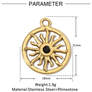 Parameter view of golden sun pendant with black rhinestone, 21mm height, stainless steel