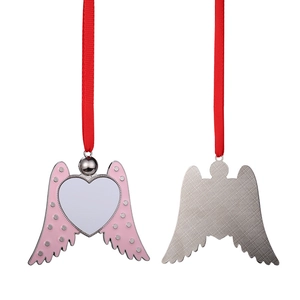 Pink metal wing pendant with heart sublimation blank and red ribbon, front and back view