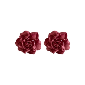 Elegant burgundy resin rose stud earrings with silver needles for women's daily wear