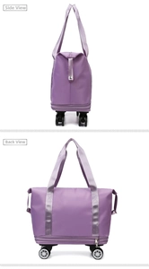 Macro detail of purple waterproof travel bag featuring 360-degree spinner wheels and zippers