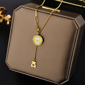 Golden bear pendant necklace with paperclip chain and Love engraved round charm
