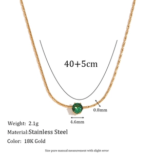 18K gold plated stainless steel thin chain necklace with a mini round green zircon