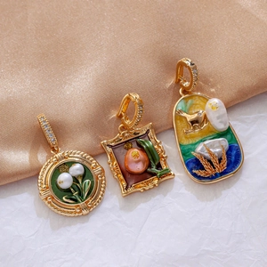 Detailed set of three gold-plated enamel flower pendants with pearls and rhinestones