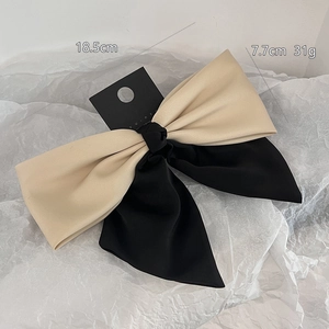 French style contrast color bow hair clip in beige and black fabric with spring fastener