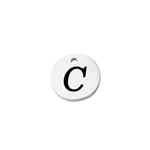 Polished stainless steel round pendant featuring a black engraved letter C on white backdrop