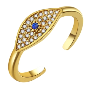 Adjustable 18K gold plated evil eye ring with blue stone and sparkling zircons