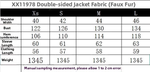 Size guide for women suede jacket showing measurements for XS to L in centimeters