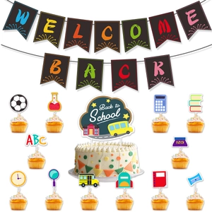 Detailed set of Back to School party decorations including banner and 13 cake toppers