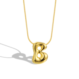 Golden balloon bubble initial B pendant necklace with sleek snake chain on white background
