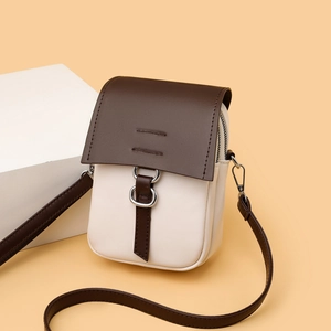 Retro two-tone crossbody mini phone bag in beige and brown faux leather with metal ring