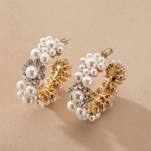 Alloy Rhinestone Faux Artificial Pearl C-Shape Hoop Earrings With 925 Sterling Silver Earring Post Baroque Retro Style For Women