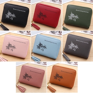 Mini Zipper Coin Purse PU Leather Women Small Wallet With Bamboo Print Tassel And Star Charm Sweet Fashion Short Pouch